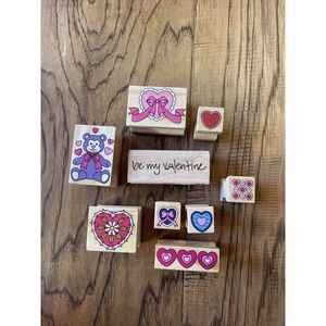 Lot Of 9 Valentine Wooden Rubber Stamps